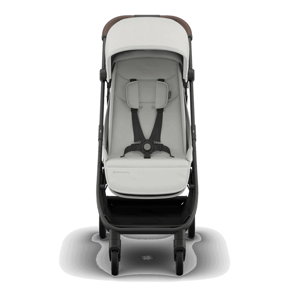 Uppababy Minu V3 stroller in light gray fabric with black frame and brown accents