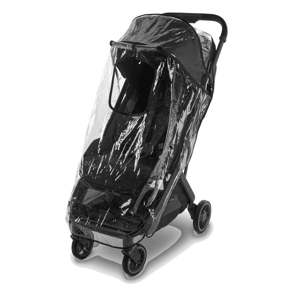 UPPAbaby Minu V3 stroller with clear rain cover and black frame