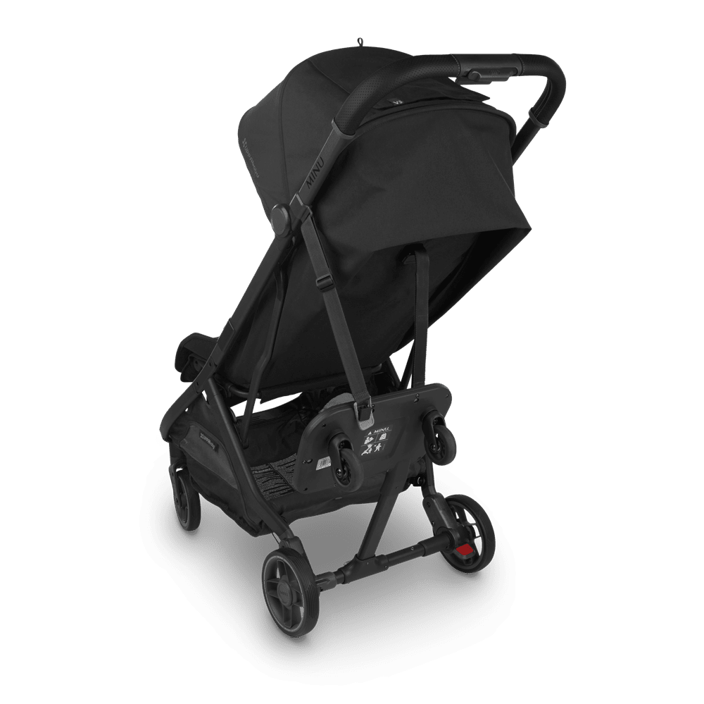 Uppababy Minu V3 stroller in black with canopy; compact, lightweight baby stroller