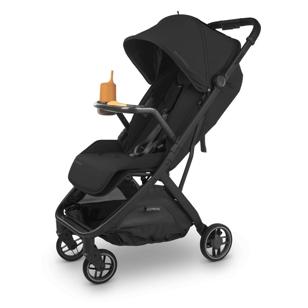 Uppababy Minu V3 stroller in black with cup holder tray and sun canopy