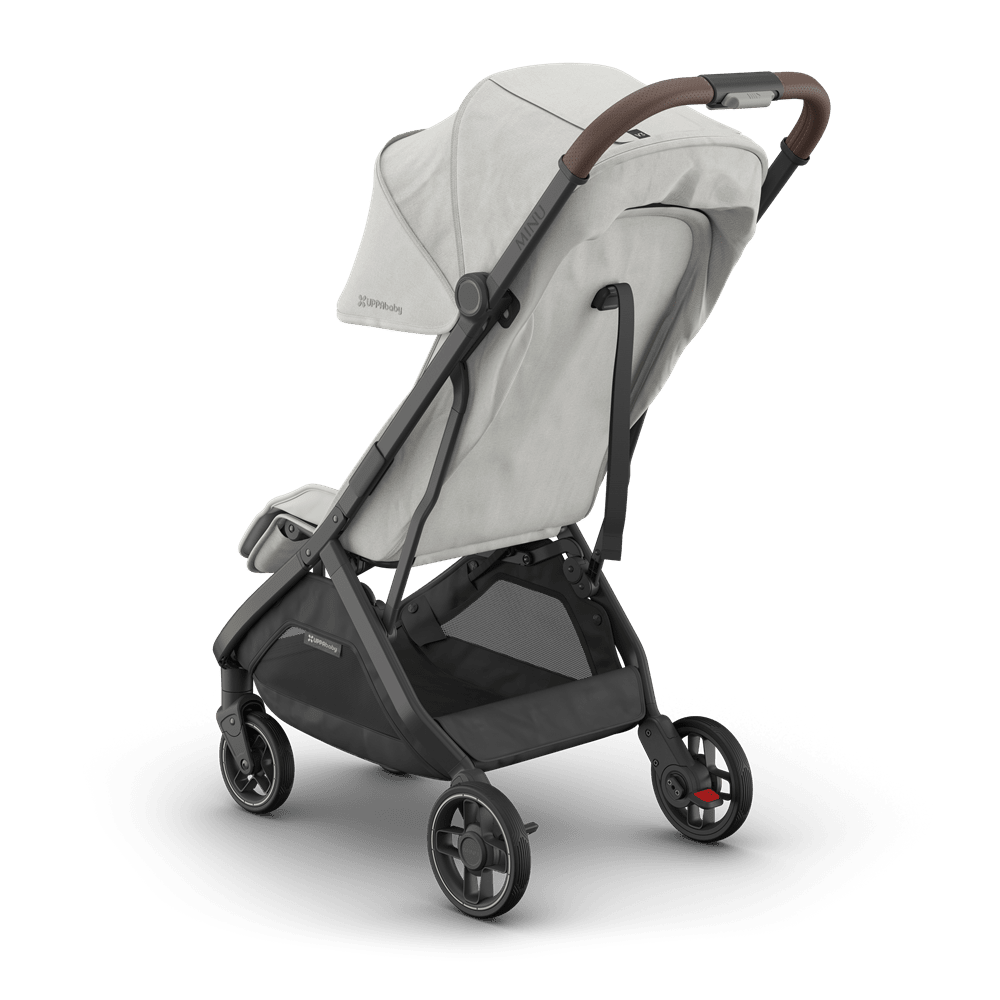 Uppababy Minu V3 stroller in beige fabric with brown leatherette handle and black frame