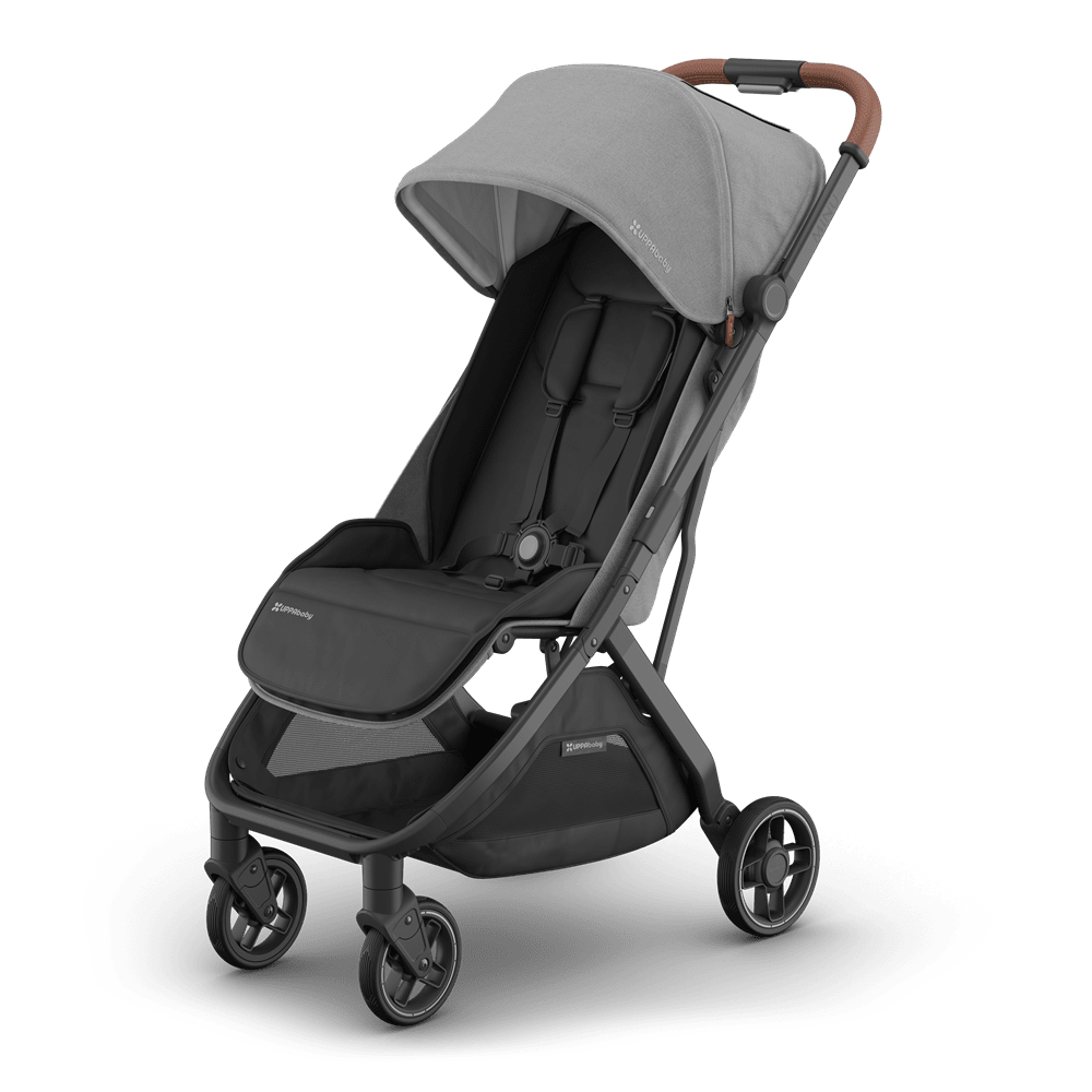 Uppababy Minu V3 stroller in gray fabric with black frame and brown leatherette handle.