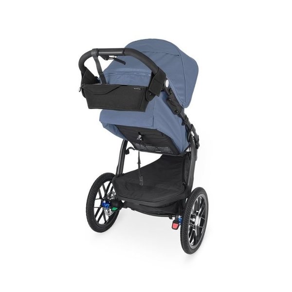 Uppababy Parent Console for Ridge stroller handle tray, black, mounted on blue Ridge stroller