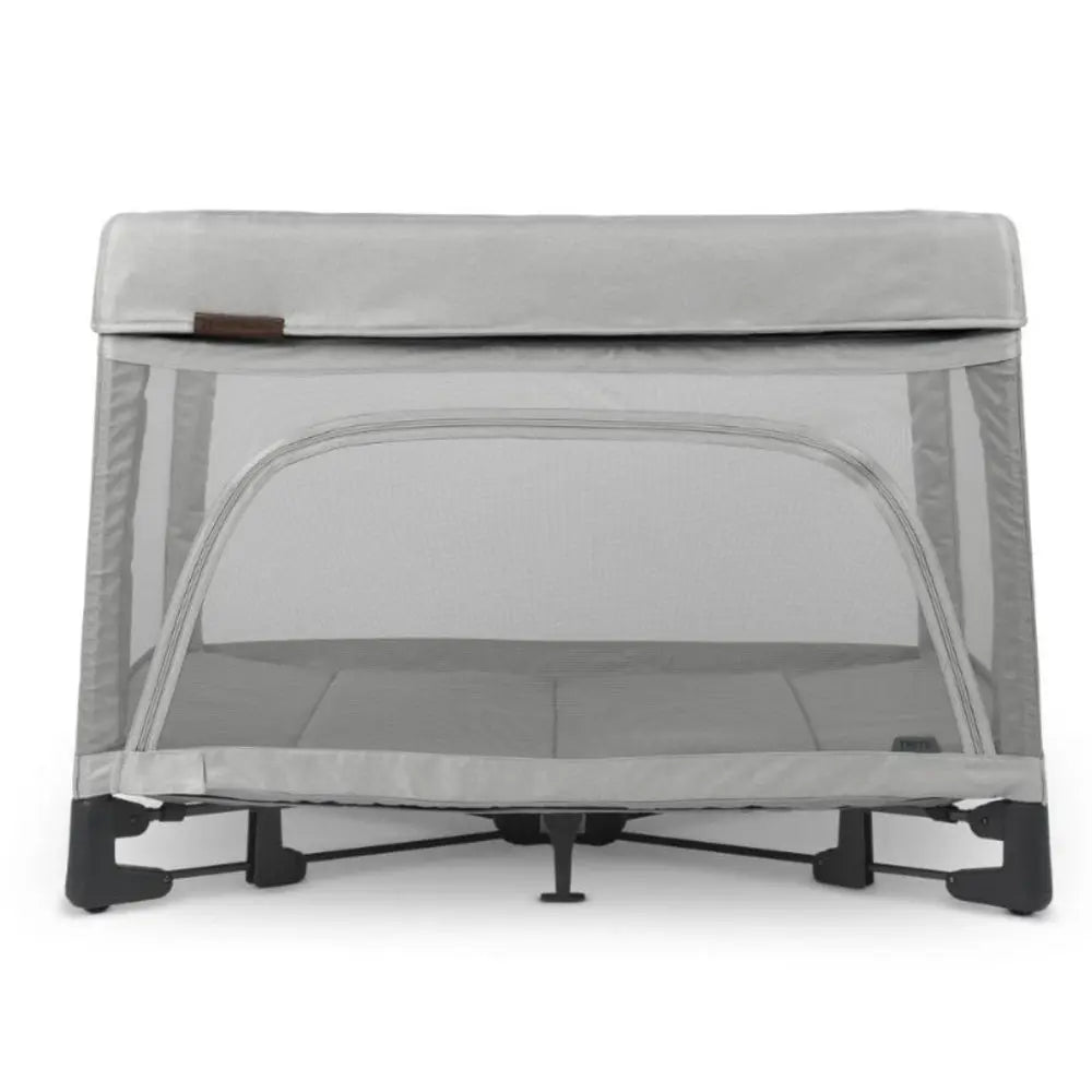 Uppababy Remi Playard in grey with breathable mesh sides and sturdy foldable frame, ready for use