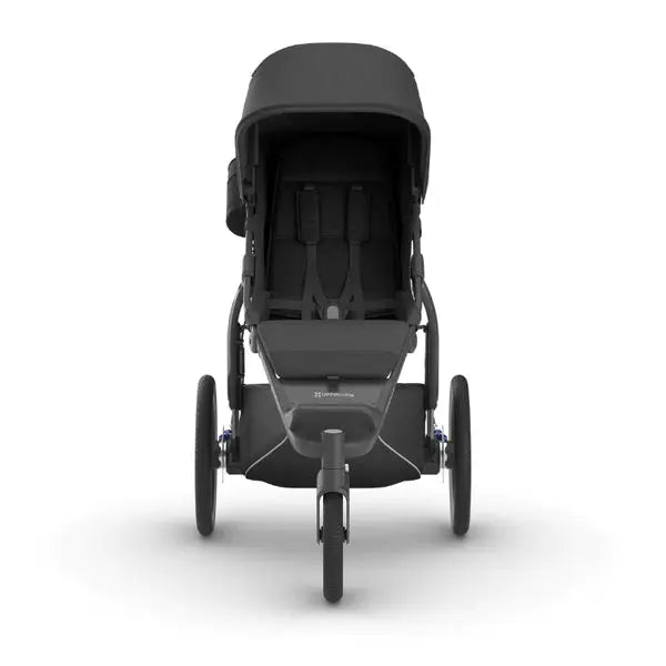 Uppababy Ridge Stroller in black with canopy, front view highlighting its sturdy frame and large wheels.