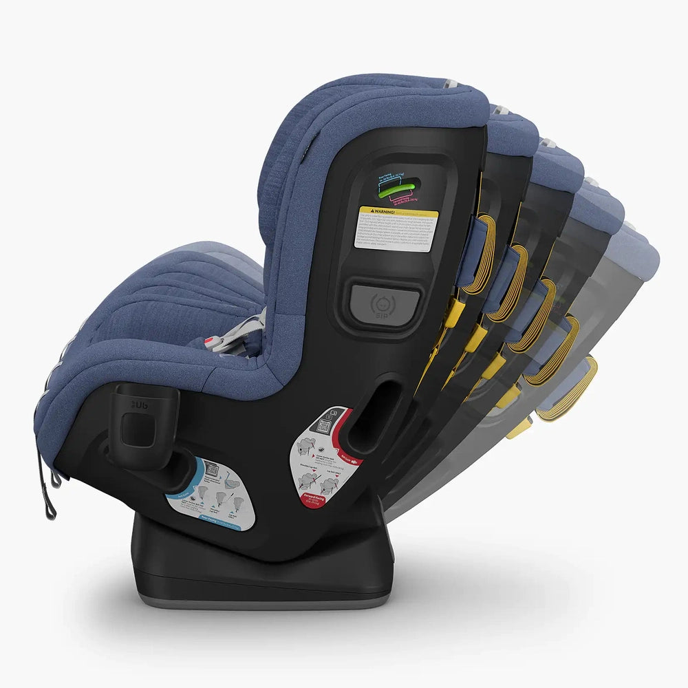 Uppababy Rove convertible car seat in blue fabric, set of four shown