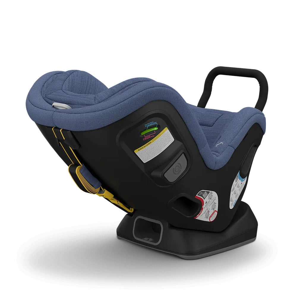 Uppababy Rove convertible car seat in blue fabric with yellow harness straps