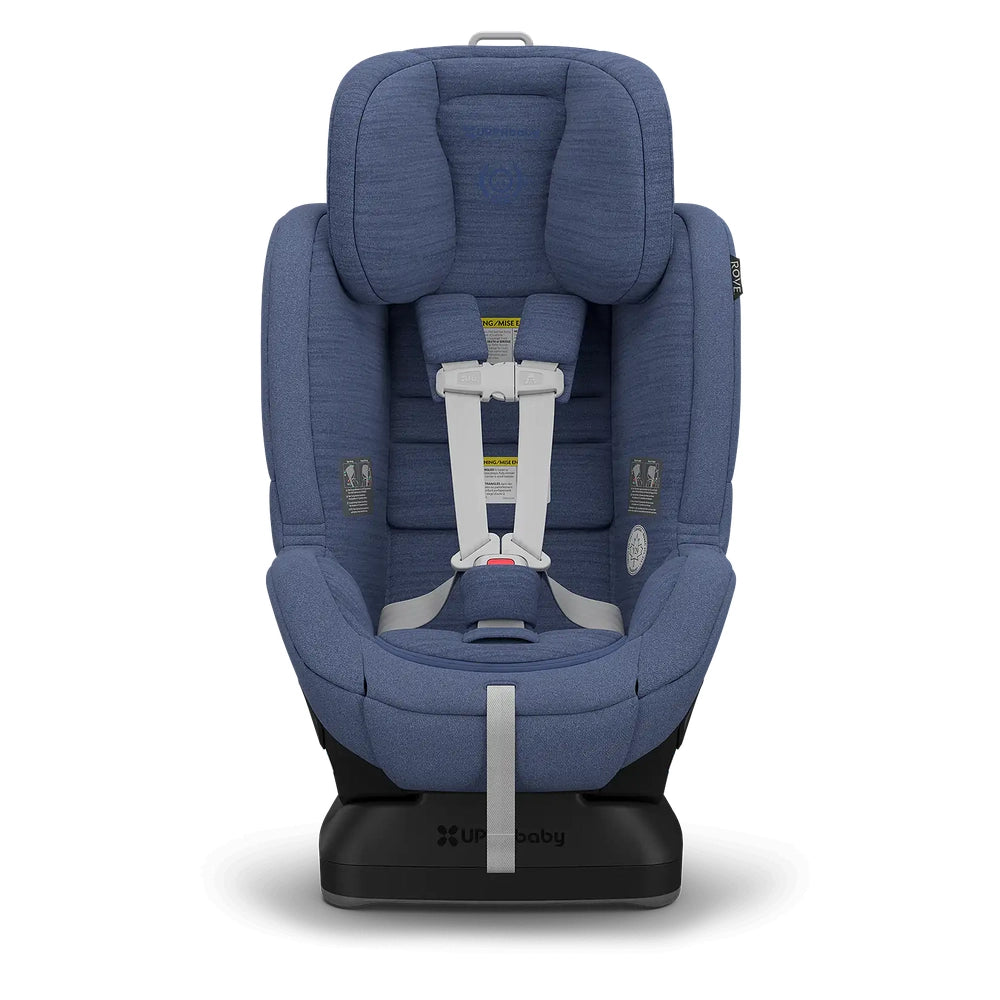 UPPAbaby Rove convertible car seat in blue fabric with gray 5-point harness and base