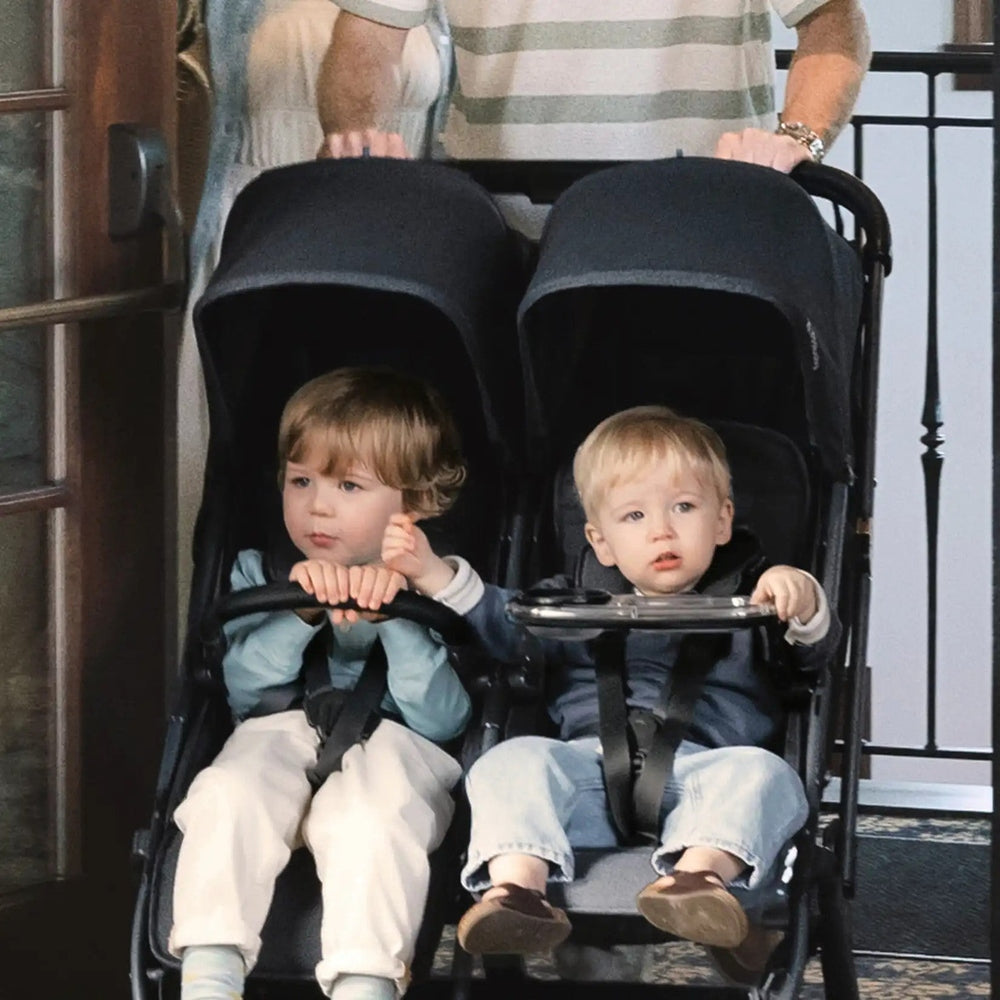 Uppababy Snack Tray for Minu Duo; black double-stroller tray between two kids