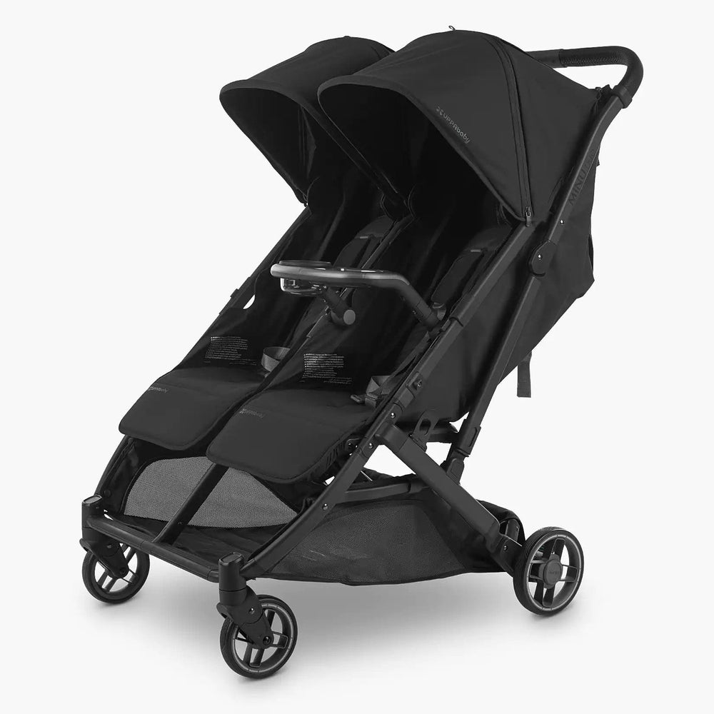 Uppababy Minu Duo snack tray with silver tray mounted on black stroller frame