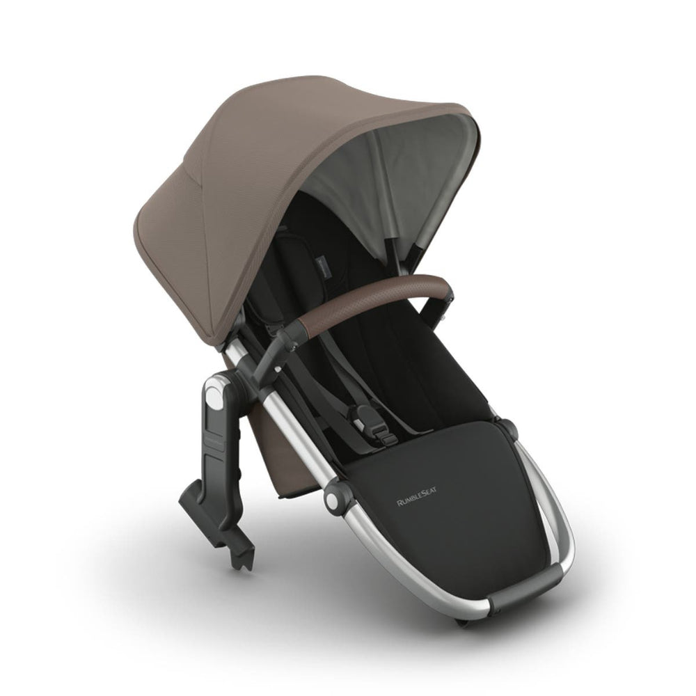 UPPAbaby Vista Rumble Seat V3 attached to stroller frame in brown fabric, enabling a second seat for two.