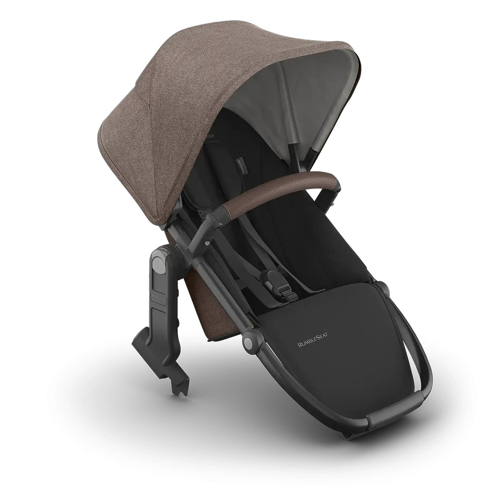 UPPABABY Uppababy Vista Rumble Seat V3 attached to a stroller with brown canopy for two-child use.