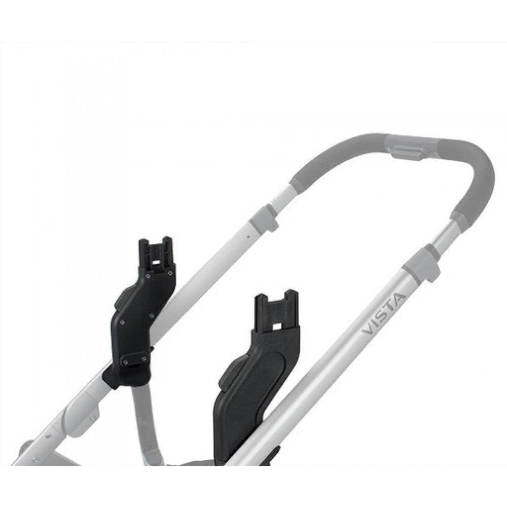 UPPABABY Vista Upper Adapters in a pair attached to stroller frame with black mounting brackets.
