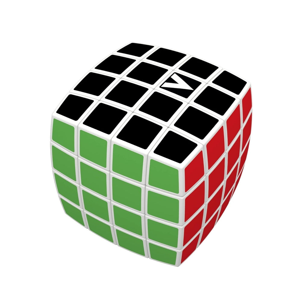 V-CUBE 4x4 curved color-matching puzzle cube; white frame with green front faces and red side faces