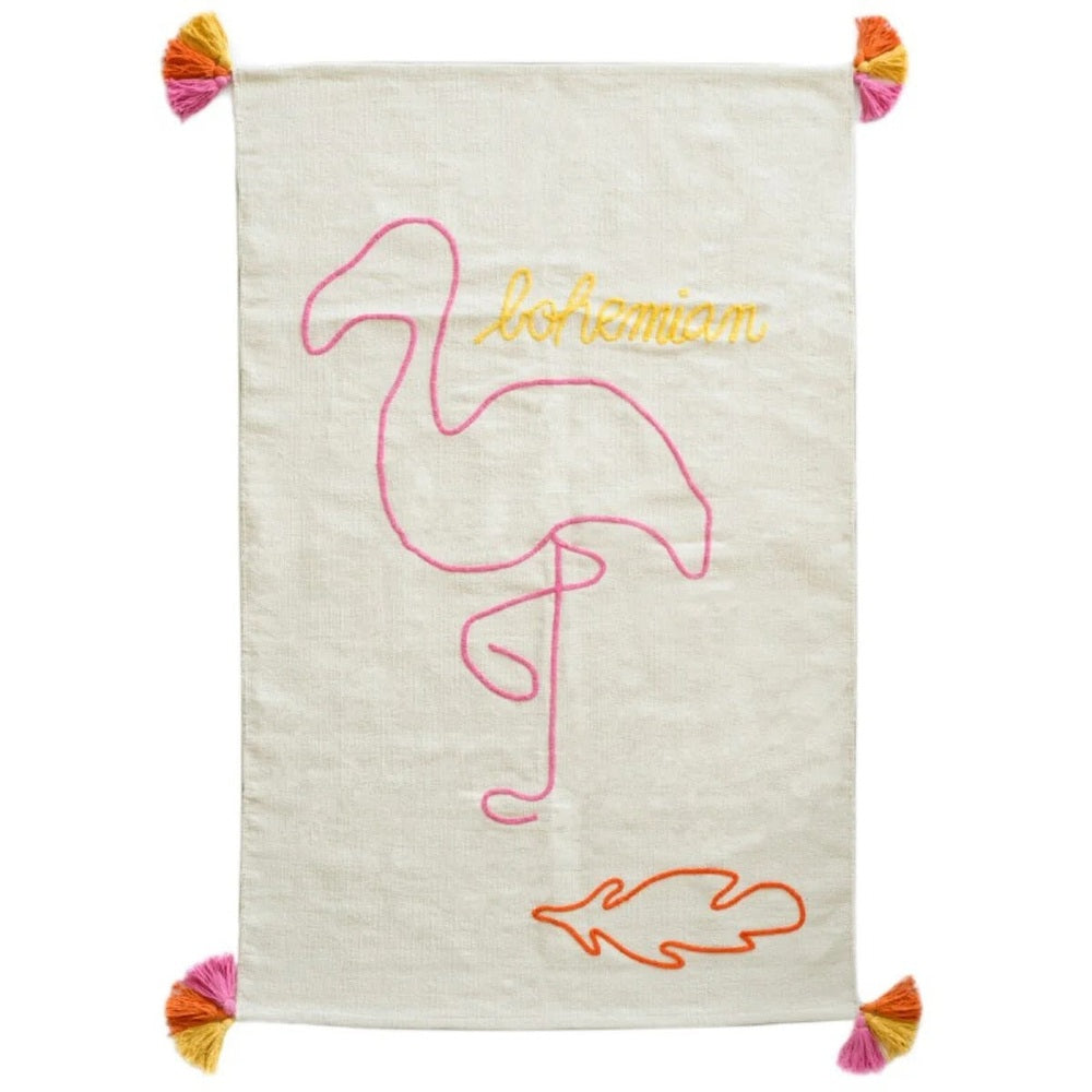 Varanassi Dhurrie hand-woven cotton rug with pink flamingo outline, yellow Bohemian script, colorful tassels at corners