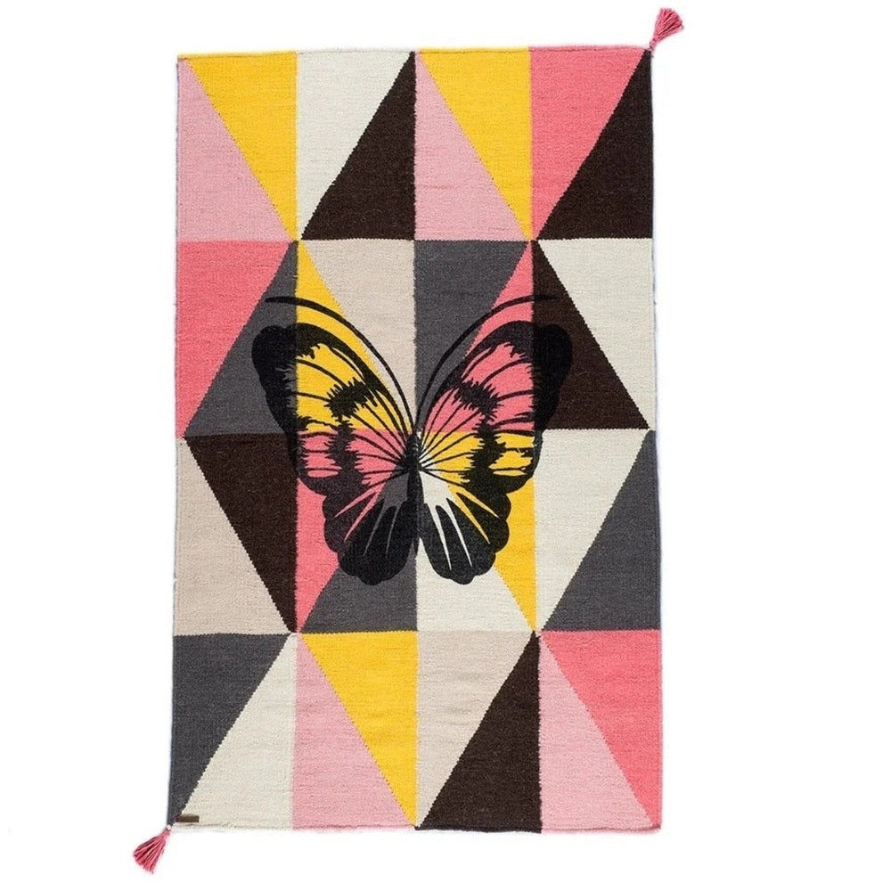 Varanassi butterfly dhurrie rug, hand-woven 100% cotton with pink, yellow, gray geometric triangles