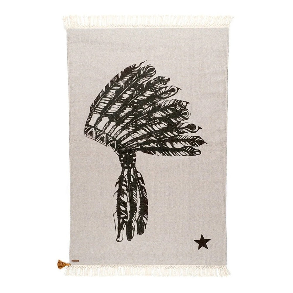 Varanassi Dhurrie hand-woven rug, 100% cotton, beige with black feather motif and fringed edges