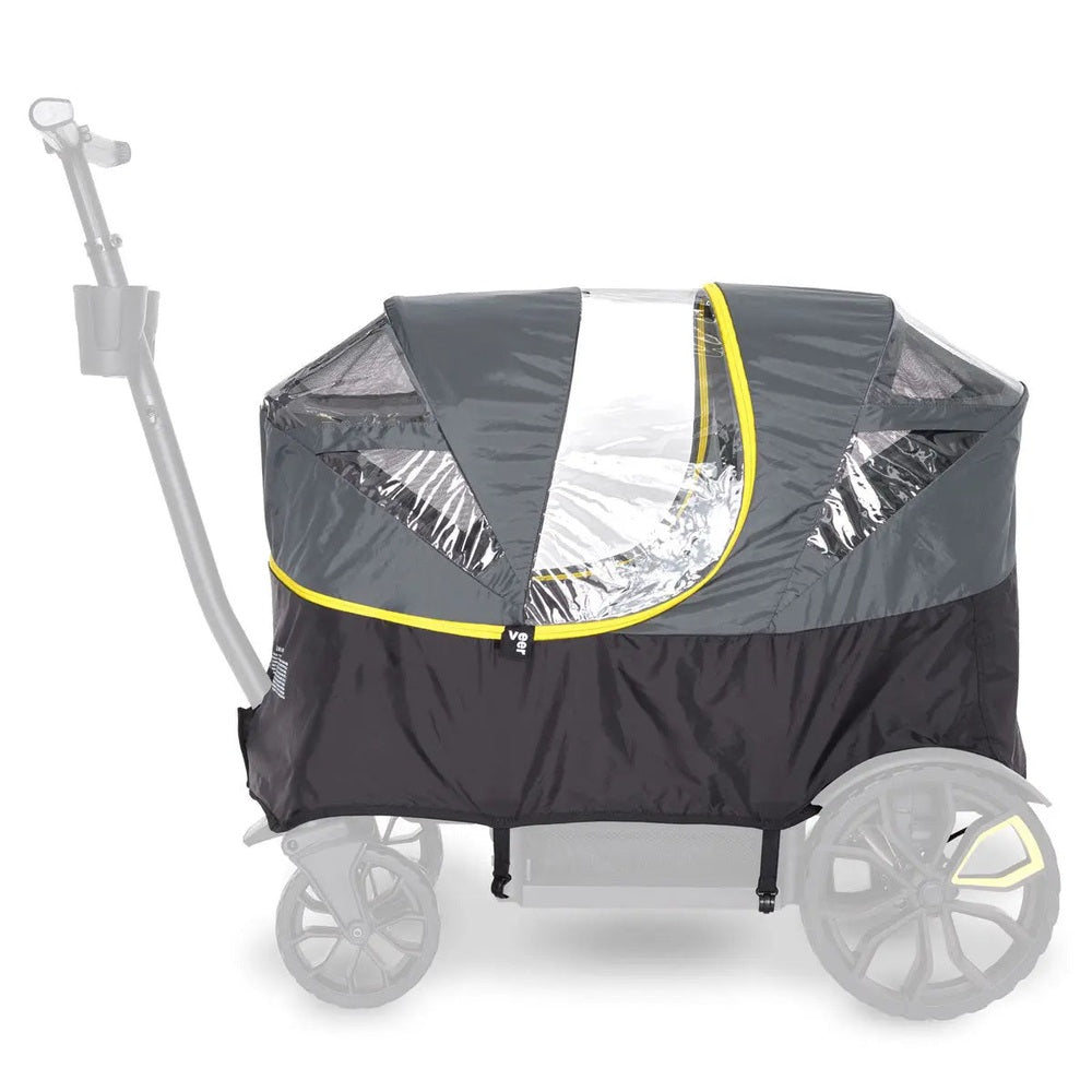 Veer All Weather Cover fitted on a VEER stroller in dark gray with clear panels and yellow trim, providing rain protection.