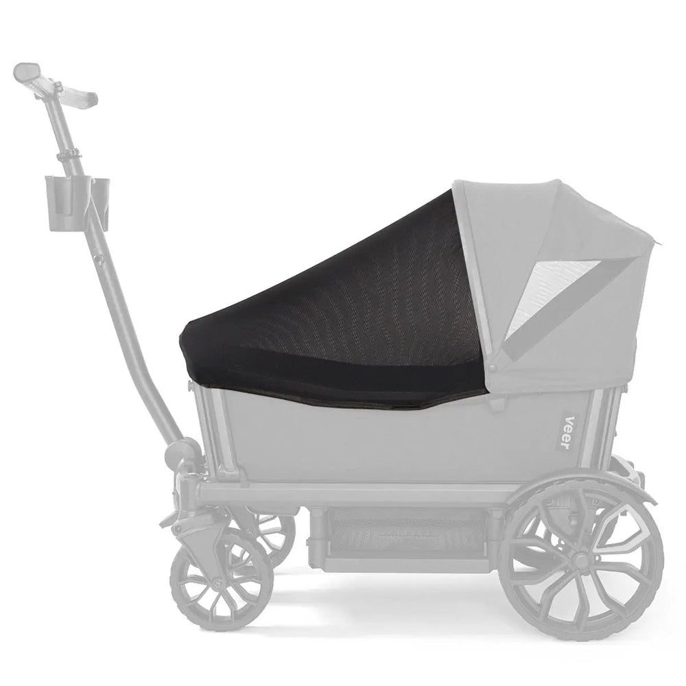 Veer Bug Shield on VEER stroller with black seat fabric and gray canopy, shielding baby outdoors.