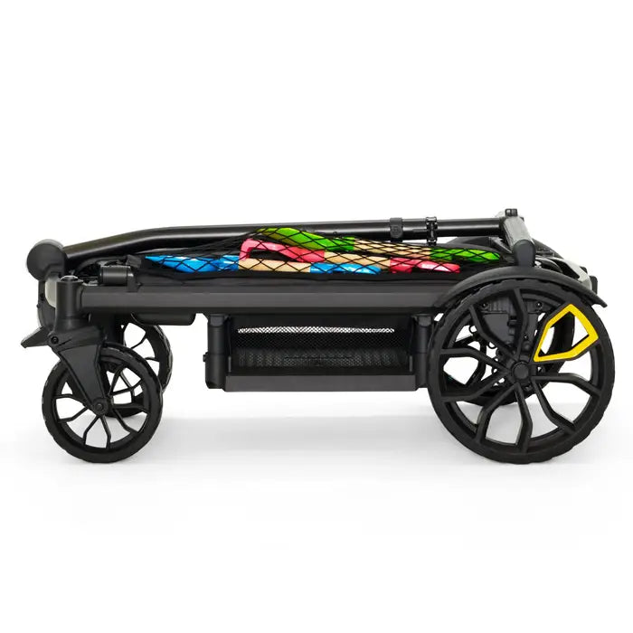 Veer Cargo Net for stroller, black mesh securing colorful gear on a folded frame