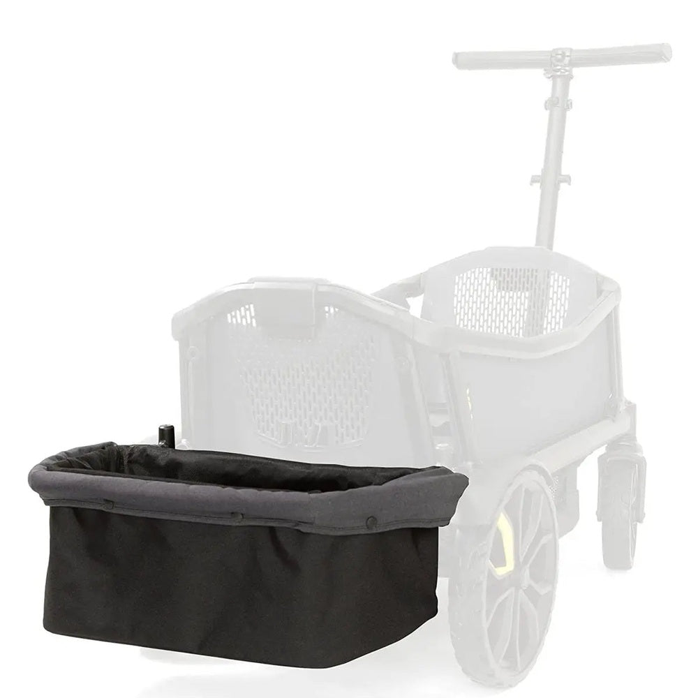 Veer Cruiser Basket in black fabric attached to a Veer stroller for hands-free storage.