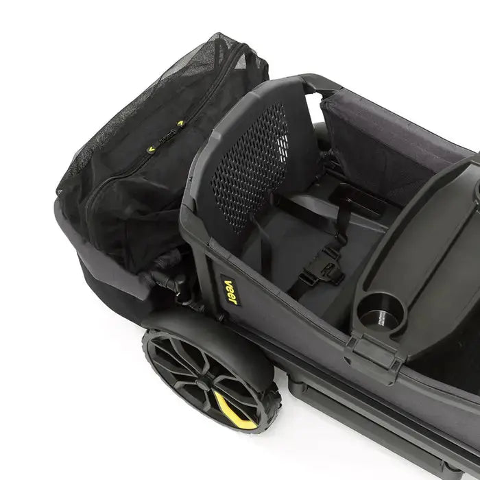 Veer Cruiser Basket mounted on a black Veer stroller, showing mesh back panel and built-in cup holder.