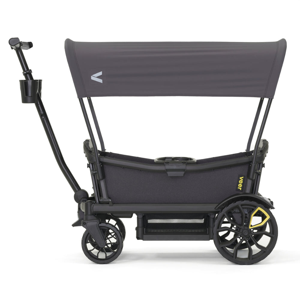 Veer Cruiser Sunshade for stroller in charcoal gray with VEER branding and large wheels