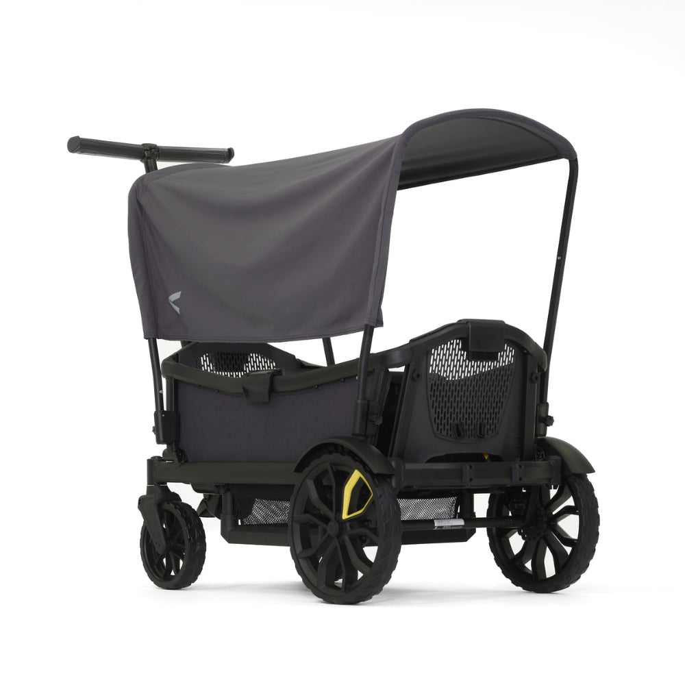 Veer Cruiser Sunshade stroller canopy in dark gray with black wheels and frame