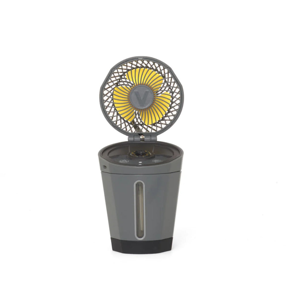 Veer Misting Fan, gray compact fan with yellow blades and integrated misting function