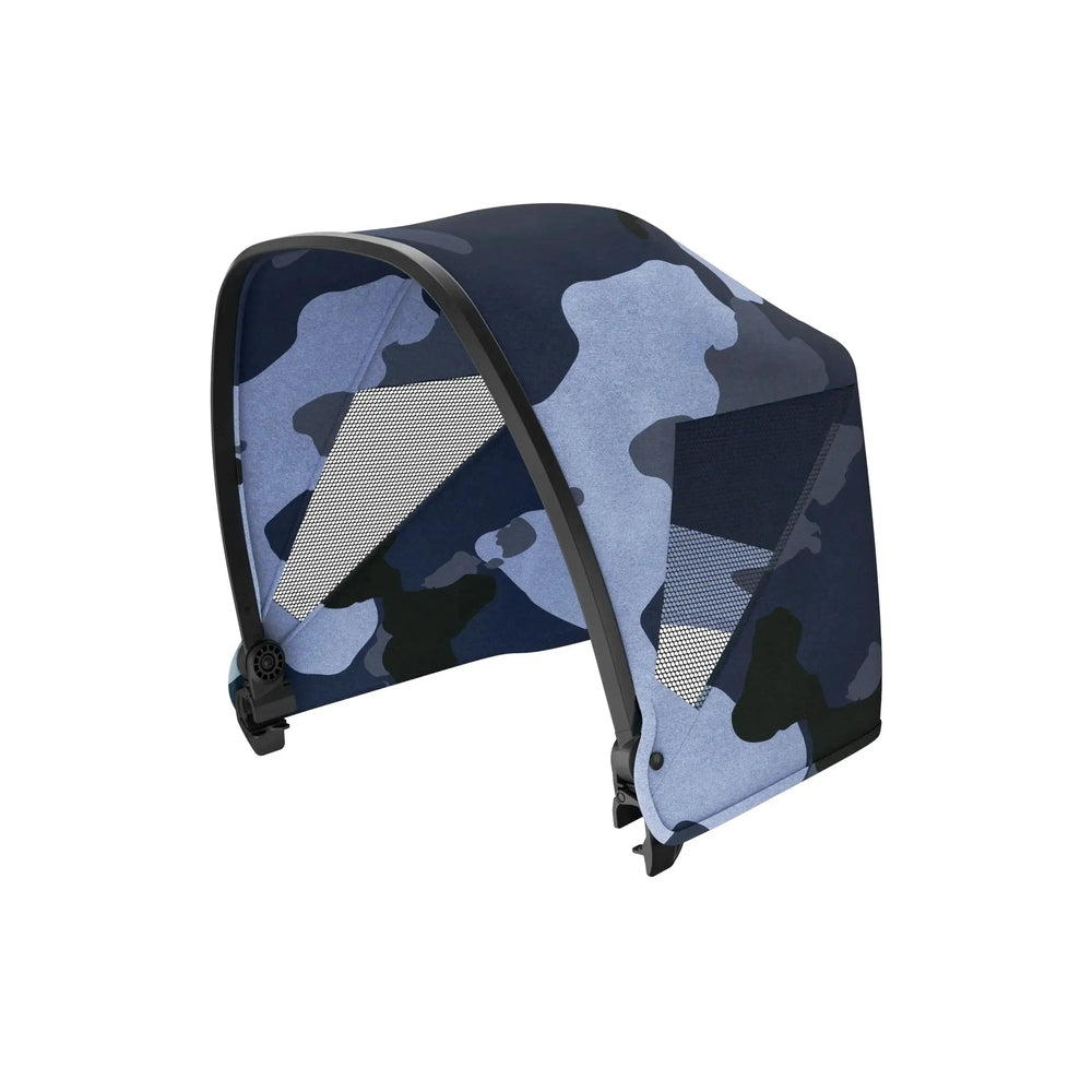 Veer Retractable Canopy for Cruiser stroller in blue camouflage fabric, shown extended over the frame.