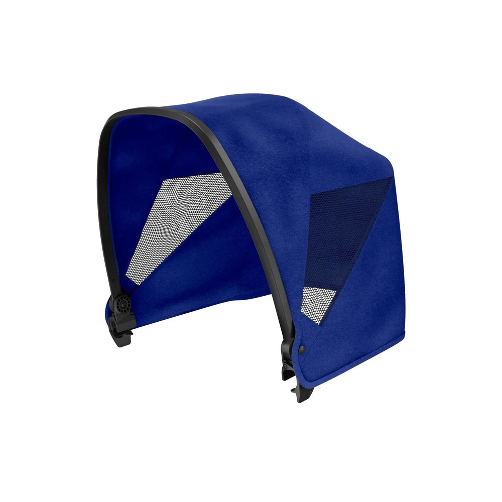 VEER Retractable Canopy For Cruiser XL in blue fabric on a black frame, shown attached to a stroller for shade.