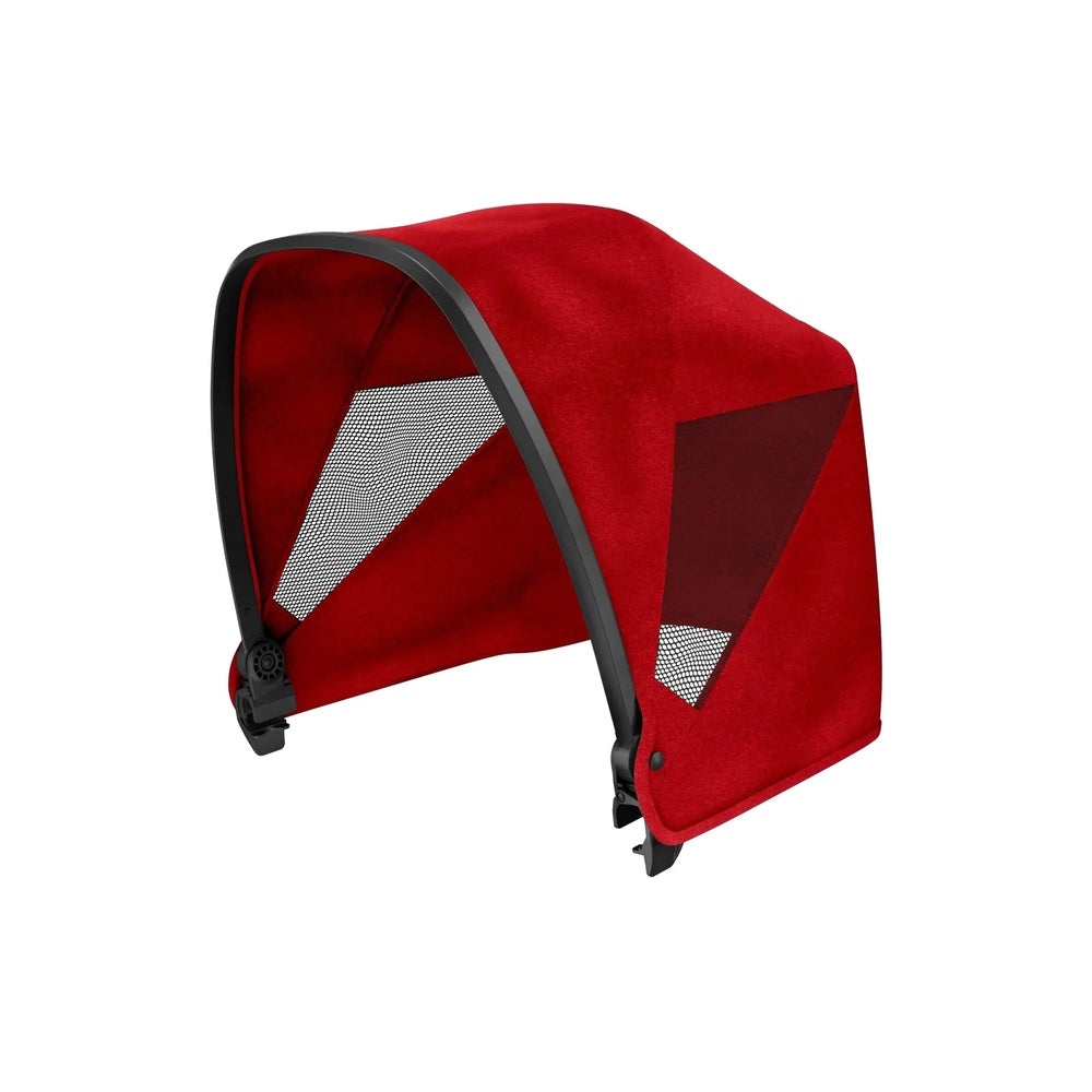 Veer Retractable Canopy for Cruiser XL in red fabric with black frame, shown extended over stroller with mesh panel.