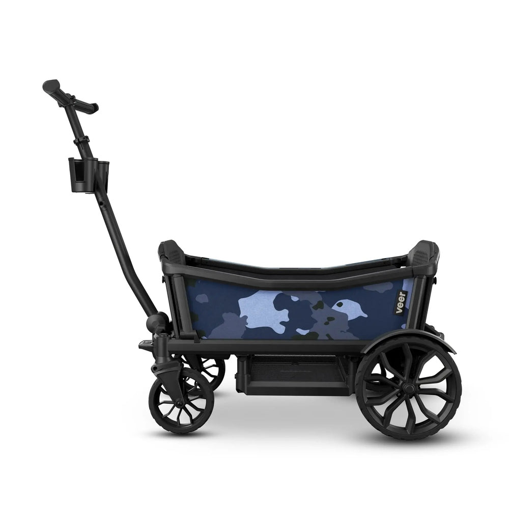 Veer Sidewall for Cruiser stroller with blue camouflage panel on a black frame, forming protective side barrier.