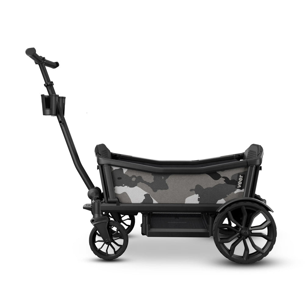 VEER Sidewall for Cruiser stroller accessory in gray camouflage fabric, shown attached with built‑in storage.