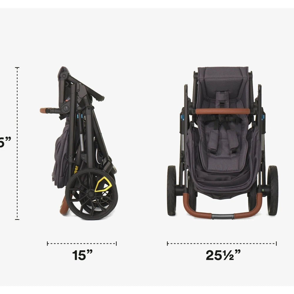Measurement chart of a stroller with dimensions labeled on a white background