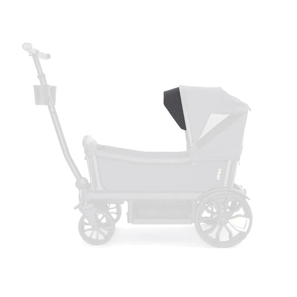 Veer Visor stroller canopy shade accessory in gray, securely attached to a VEER stroller with the sun-shielding hood extended.