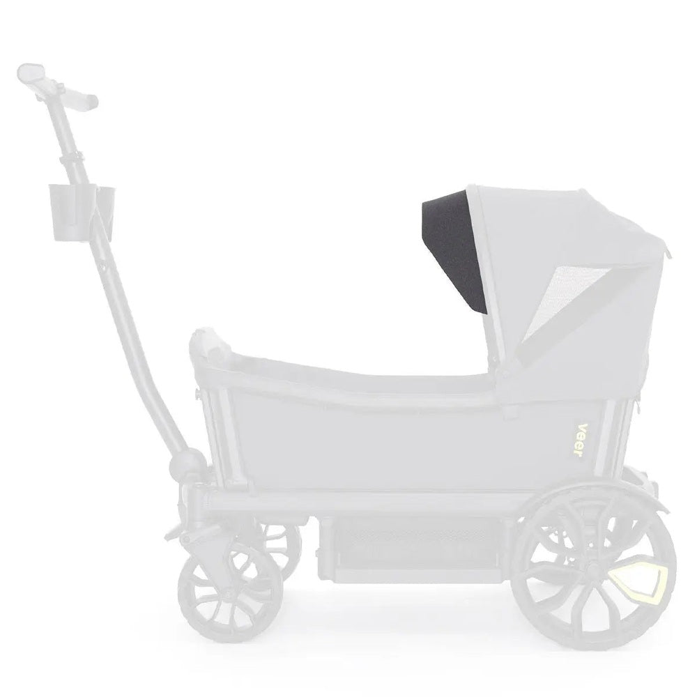 Veer Visor sun shade accessory mounted on a VEER stroller with a black canopy shielding baby.