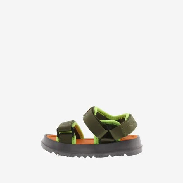 Victoria Agosto Sandalia Tiras Nylon Kaki with khaki straps, neon lime lining, orange footbed, rugged sole
