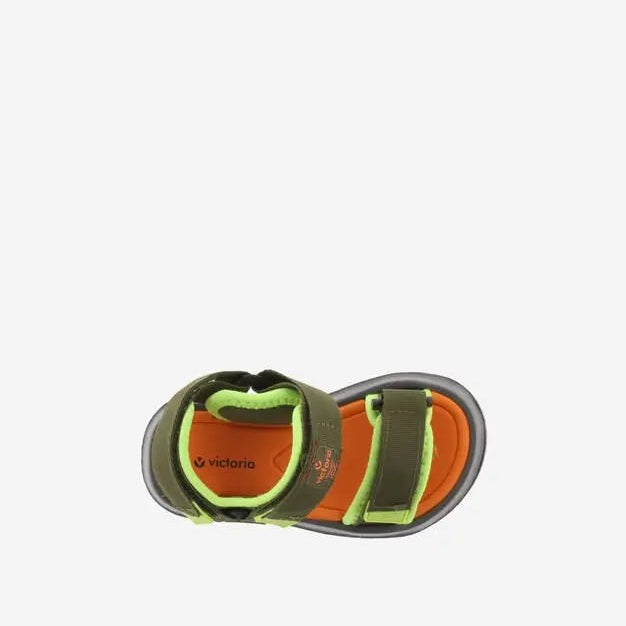 Victoria Agosto Sandalia Tiras Nylon Kaki for toddlers, olive straps with neon lining and Velcro-secured straps.