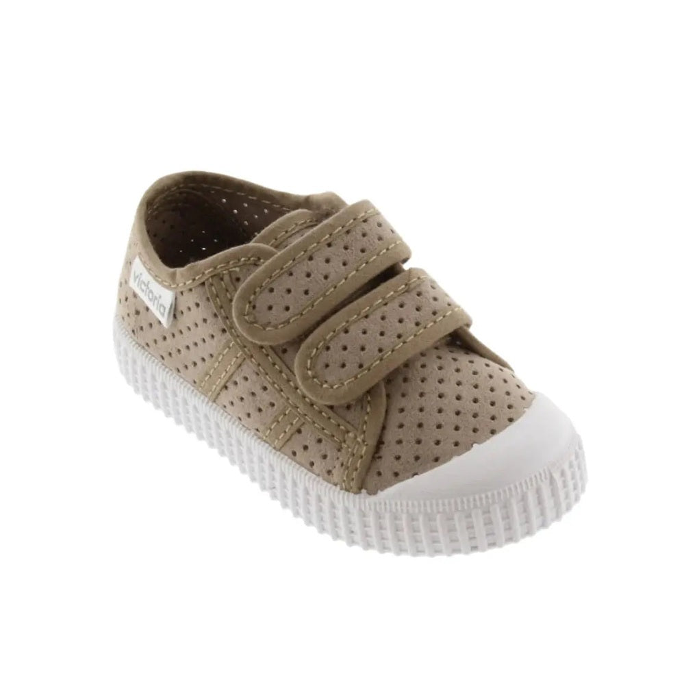 Victoria Imitation Suede Hightops beige with two Velcro straps, perforated upper, white sole.