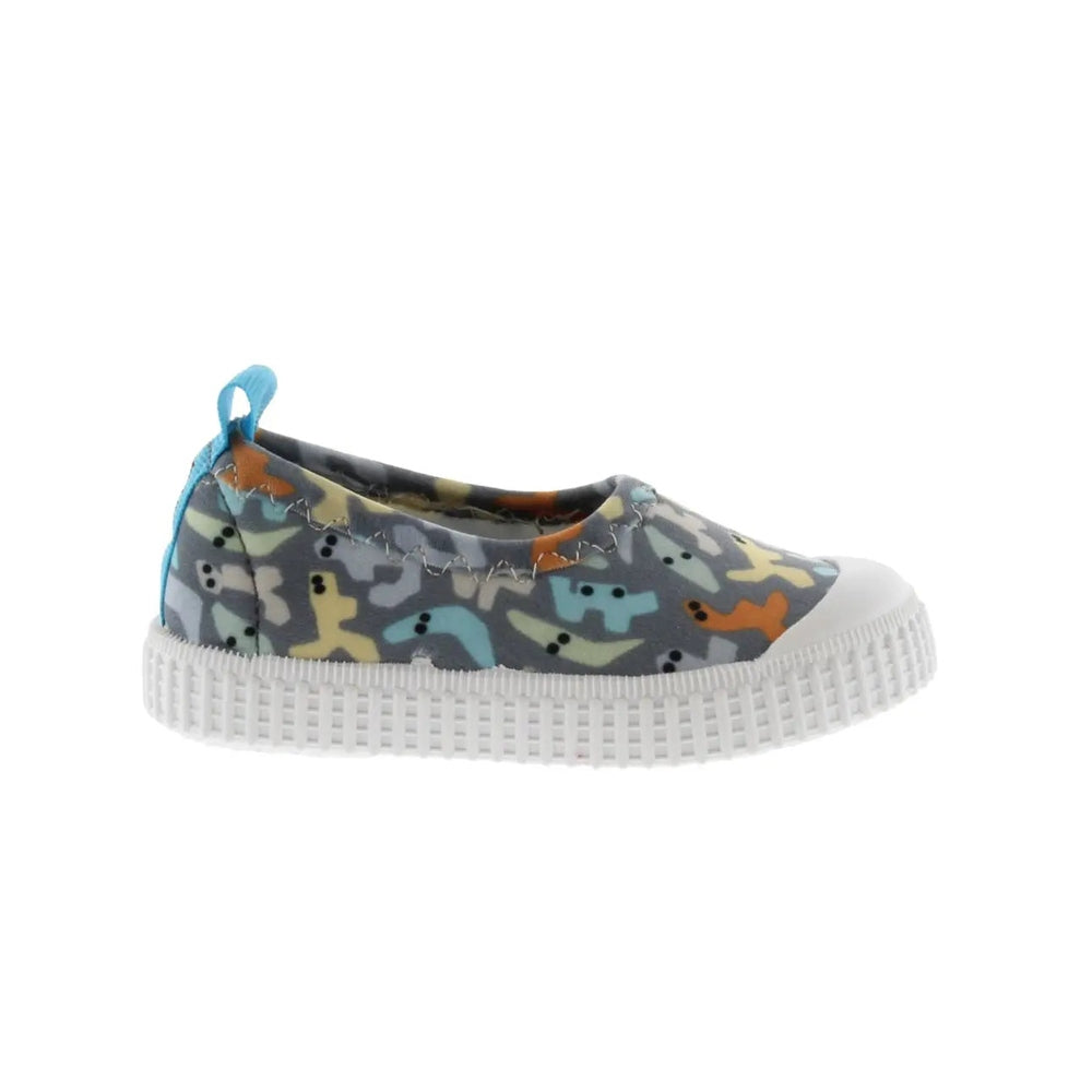 Victoria Neoprene Slippers Jeans in blue camouflage with blue heel pull tab and white platform sole, shown as easy-slip footwear.