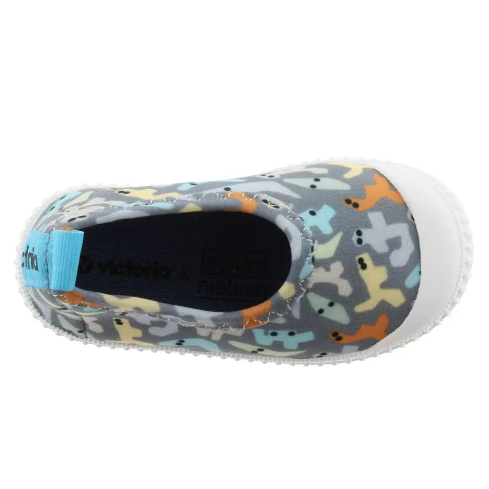 Victoria Neoprene Slippers Jeans for kids in grey multicolor pattern with turquoise pull tab, easy slip-on footwear