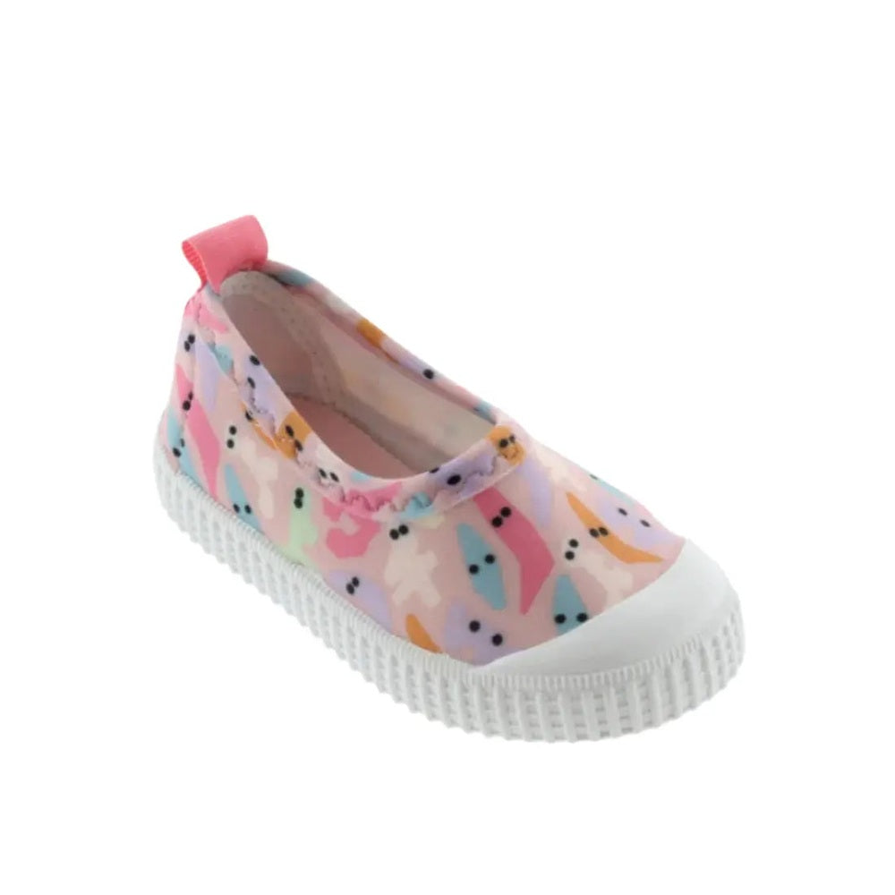 Victoria Neoprene Slippers Rosa in pastel pink multicolor pattern with white rubber sole, slip-on style demonstrated
