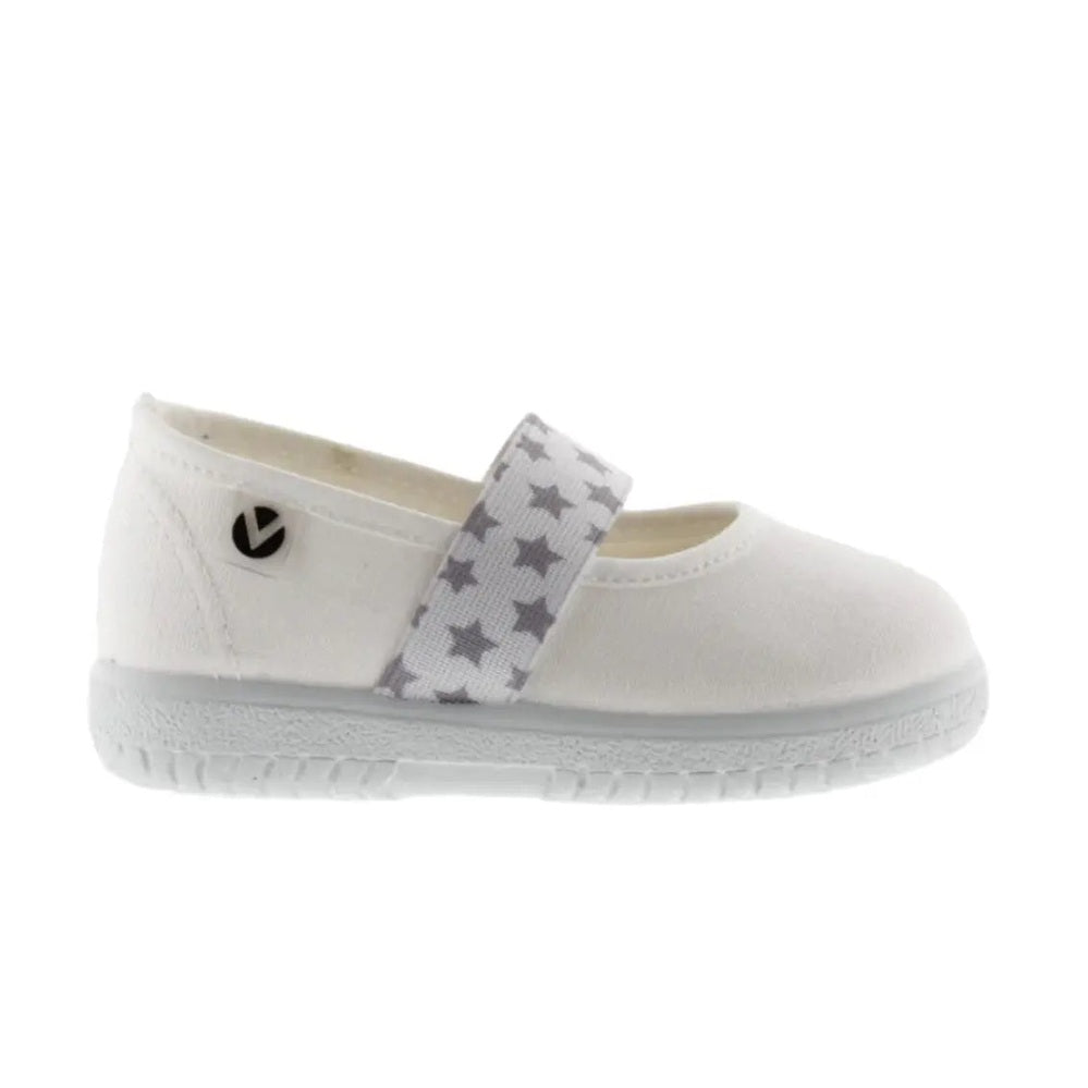 Victoria Ojala Bailarina Lona white canvas ballet flat with gray star strap, toddler shoe