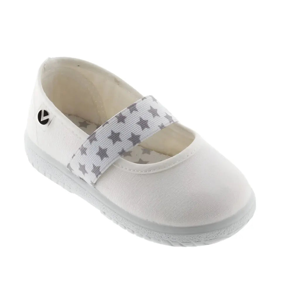 Victoria Ojala Bailarina Lona white canvas Mary Jane for kids with gray star Velcro strap, showcasing easy fastening.