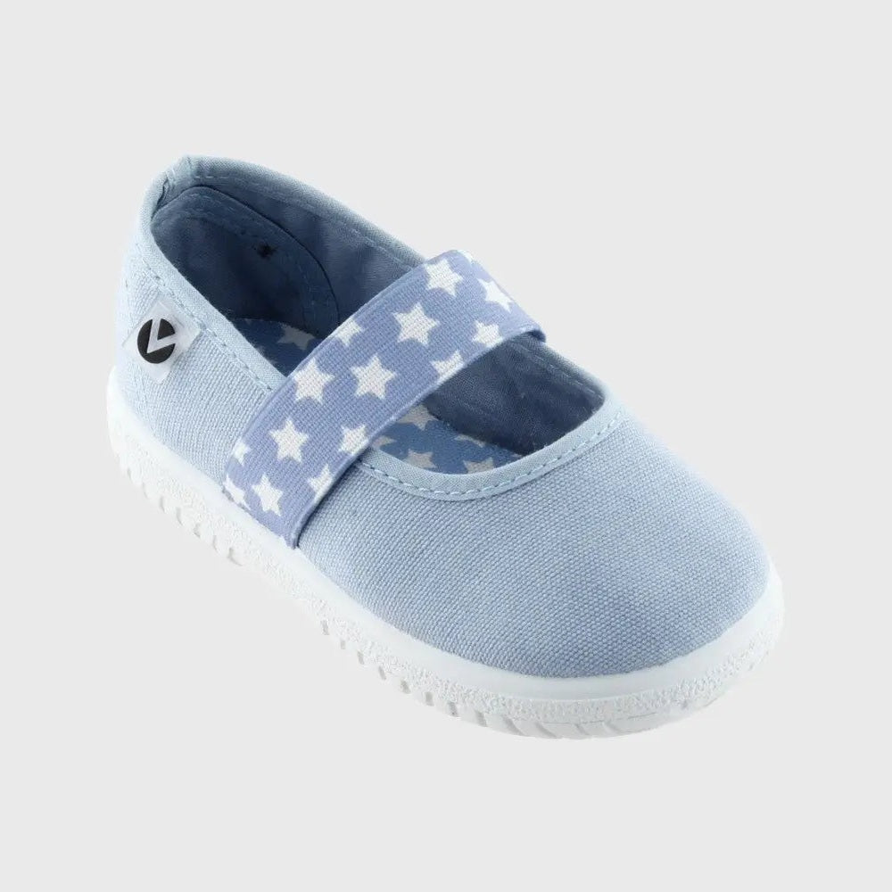 Victoria Ojala Bailarina Lona baby canvas shoe in light blue with star strap, VICTORIA brand.