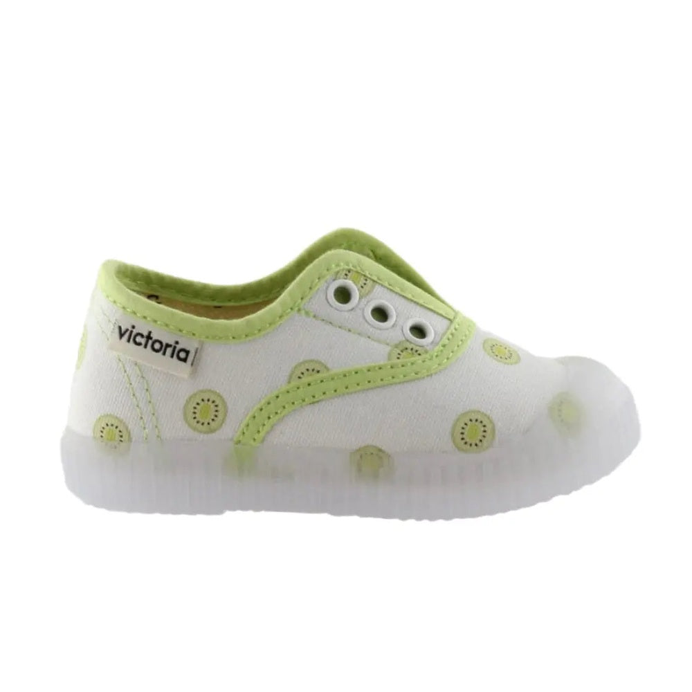 Victoria Shoes 1915 Inglesa Elastic Sneaker Citron: white canvas with lime-green trim and side elastic accent shown flat to highlight color and design.