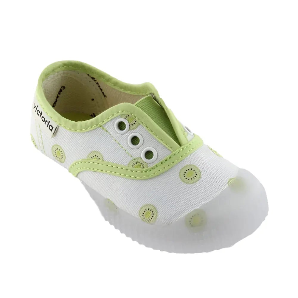 Victoria Shoes 1915 Inglesa Elastic Sneaker Citron for kids, white canvas with lime trim, slip-on elastic panel