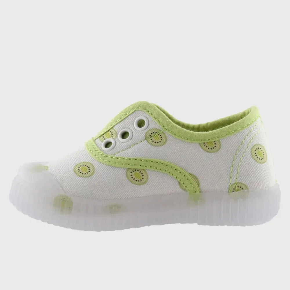 Victoria 1915 Inglesa Elastic Sneaker Citron kids' sneaker, white canvas with lime-green elastic trim; side-view display.
