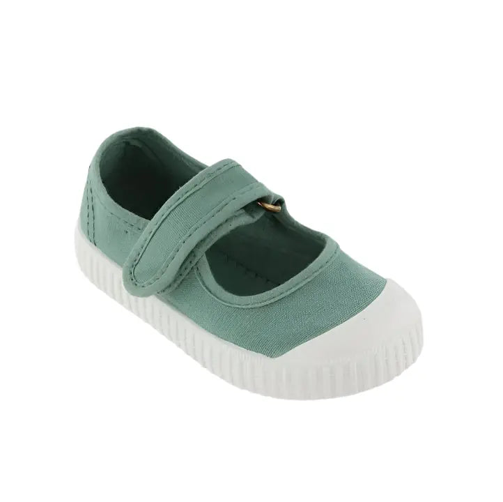 Victoria Shoes Bar Dyed Canvas Jade baby shoe with Velcro strap secured, white toe cap and sole